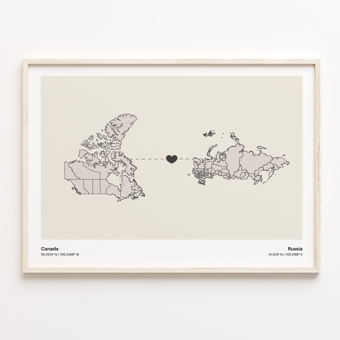 Canada To Russia Soft Beige Heart Connection Minimalist Map Poster