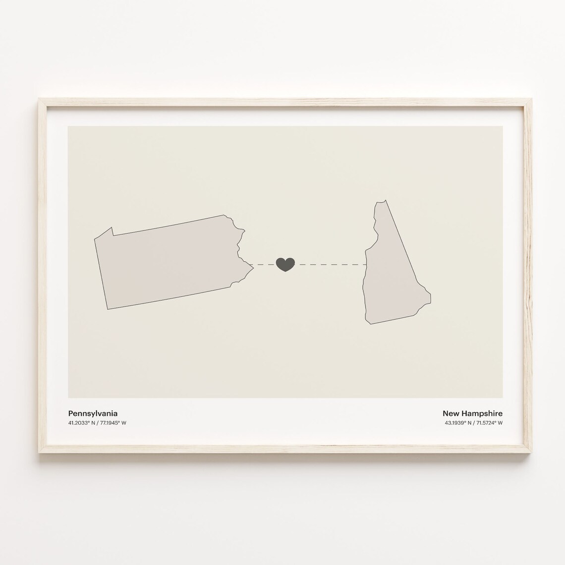 Pennsylvania to New Hampshire Minimalist Heart Map Connection Poster