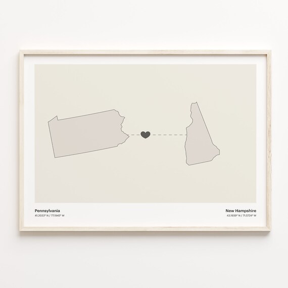 Pennsylvania to New Hampshire Minimalist Heart Map Connection Poster