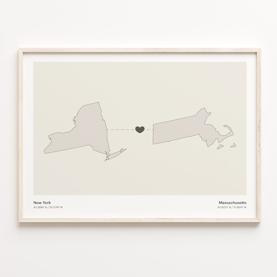 New York Massachusetts Long Distance Love Connection Heart Map Poster