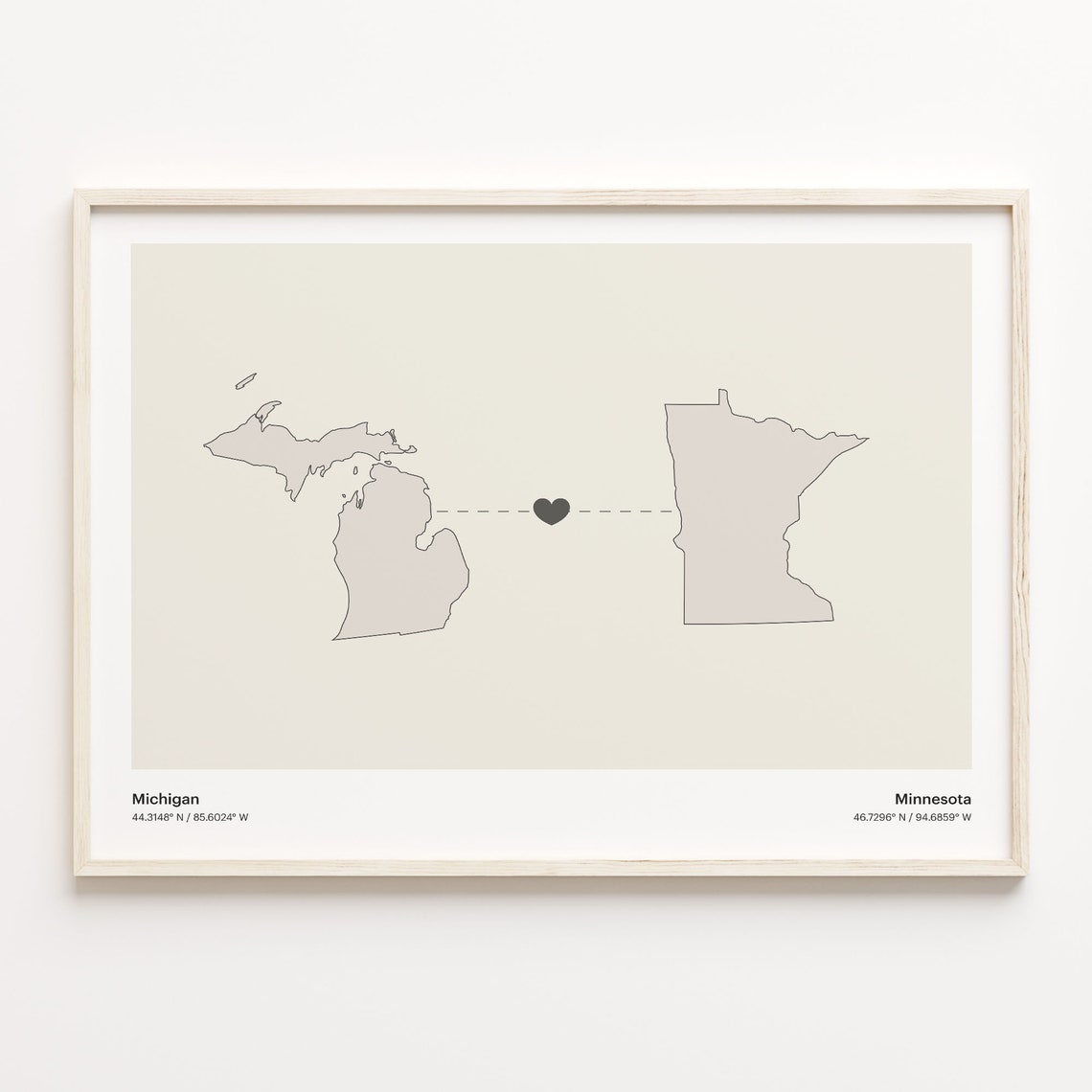 Michigan Minnesota Long Distance Connection Heart Map Poster