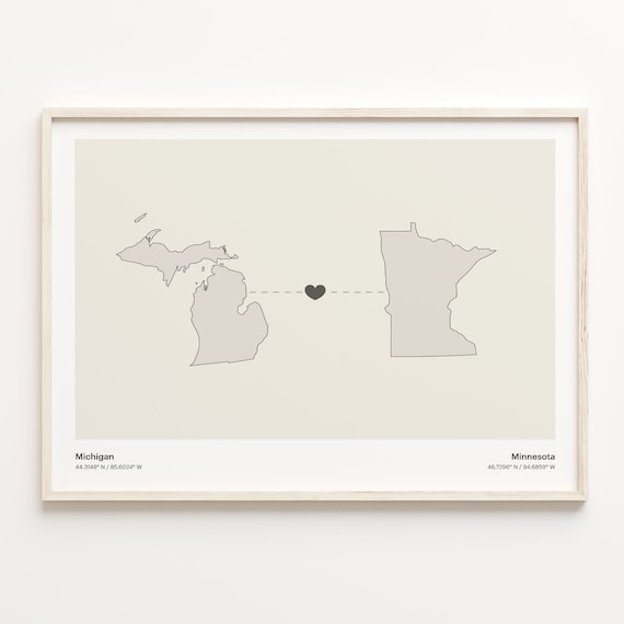 Michigan Minnesota Long Distance Connection Heart Map Poster