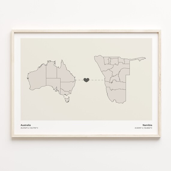 Australia and Namibia Minimalist Long Distance Heart Map Connection Poster
