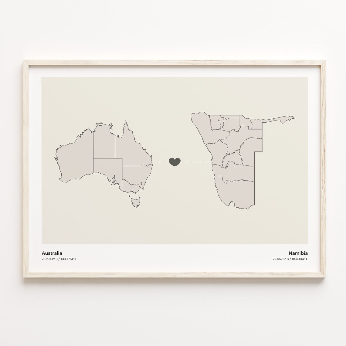 Australia and Namibia Minimalist Long Distance Heart Map Connection Poster