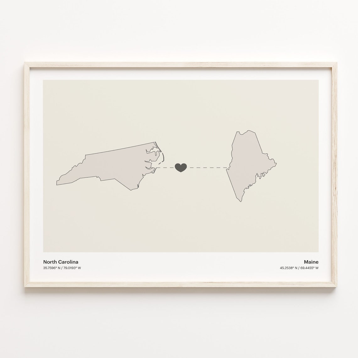 North Carolina To Maine Minimalist Heart Map Connection Print