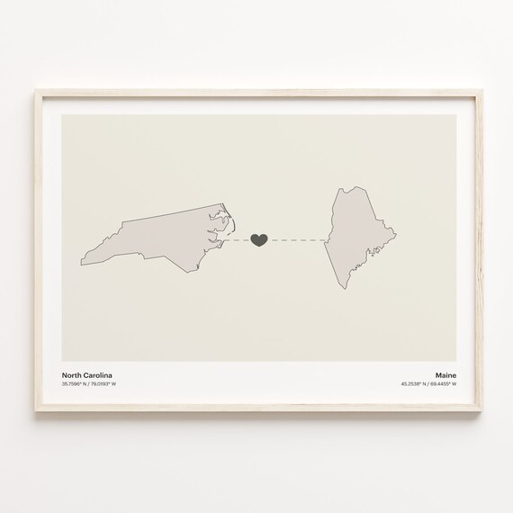 North Carolina To Maine Minimalist Heart Map Connection Print