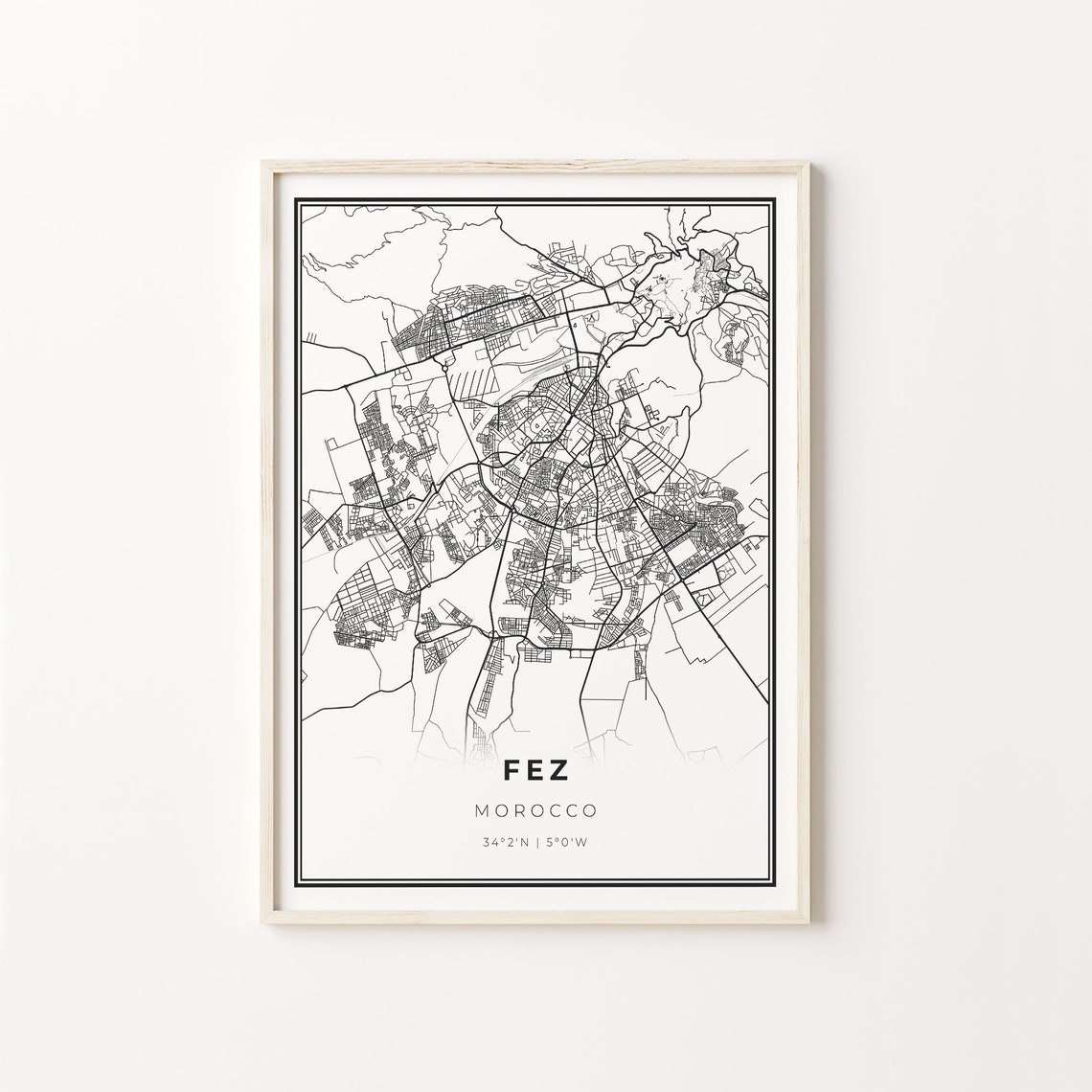 Fez Morocco Minimalist Black and White City Street Map Poster