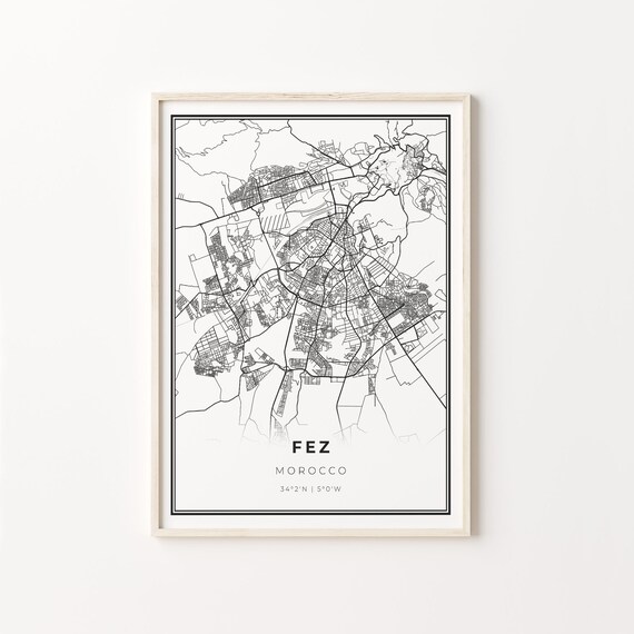 Fez Morocco Minimalist Black and White City Street Map Poster