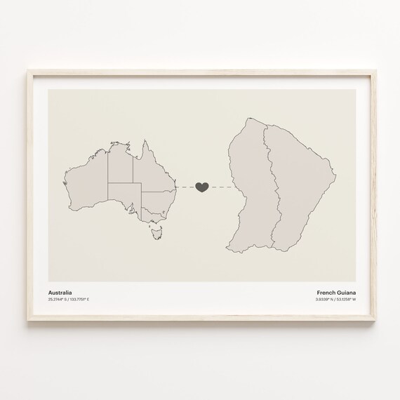 Australia and French Guiana Minimalist Long Distance Heart Map Connection Poster
