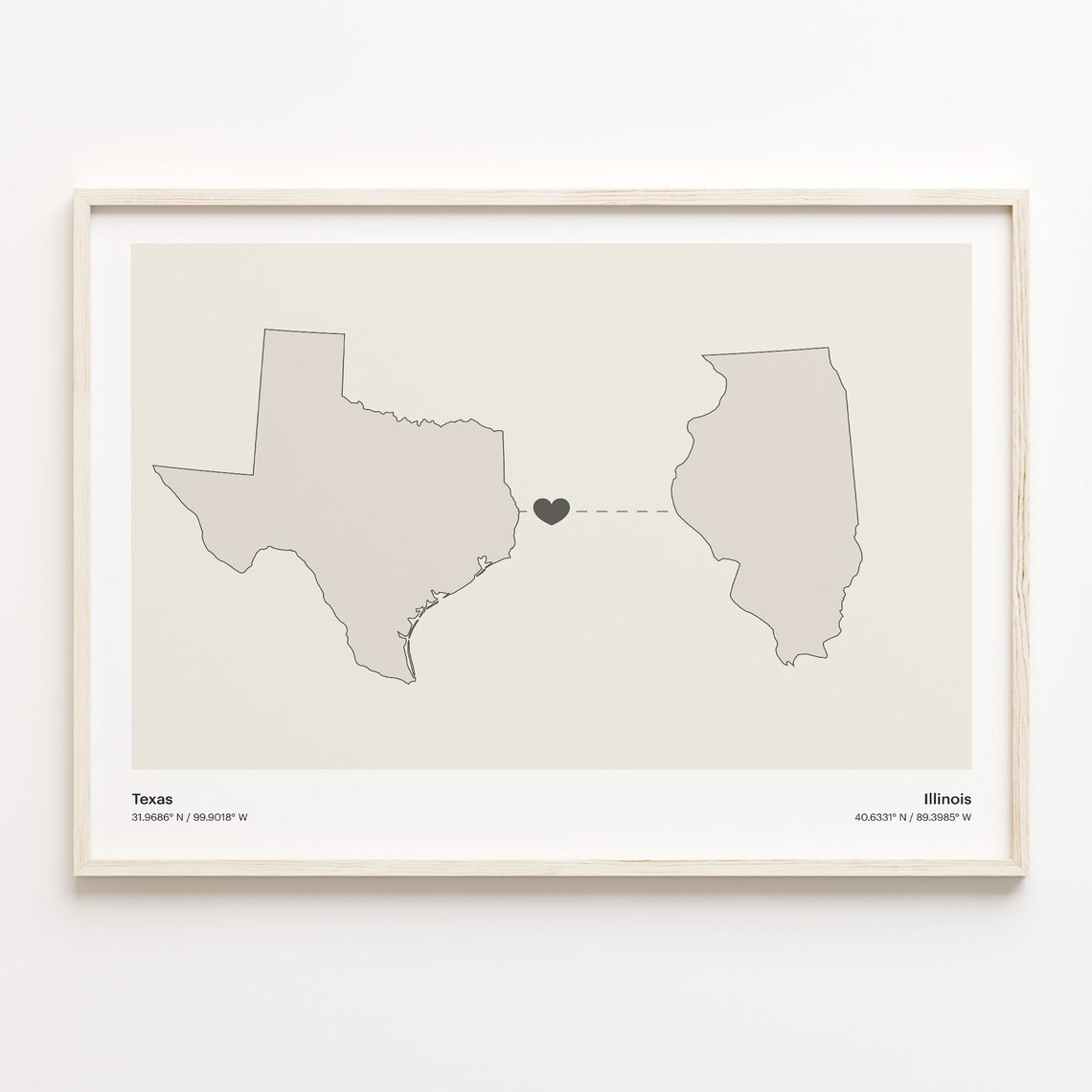 Texas To Illinois Minimalist Long Distance Love Connection Poster