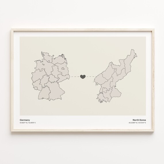 Germany To North Korea Heart Connection Minimalist Map Poster