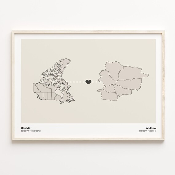 Canada Andorra Heart Connection Map Minimalist Long Distance Gift Poster