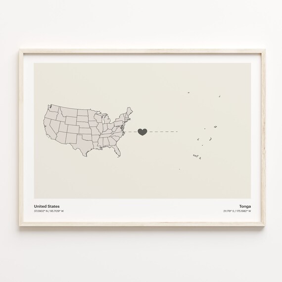United States to Tonga Heart Connection Long Distance Map Poster