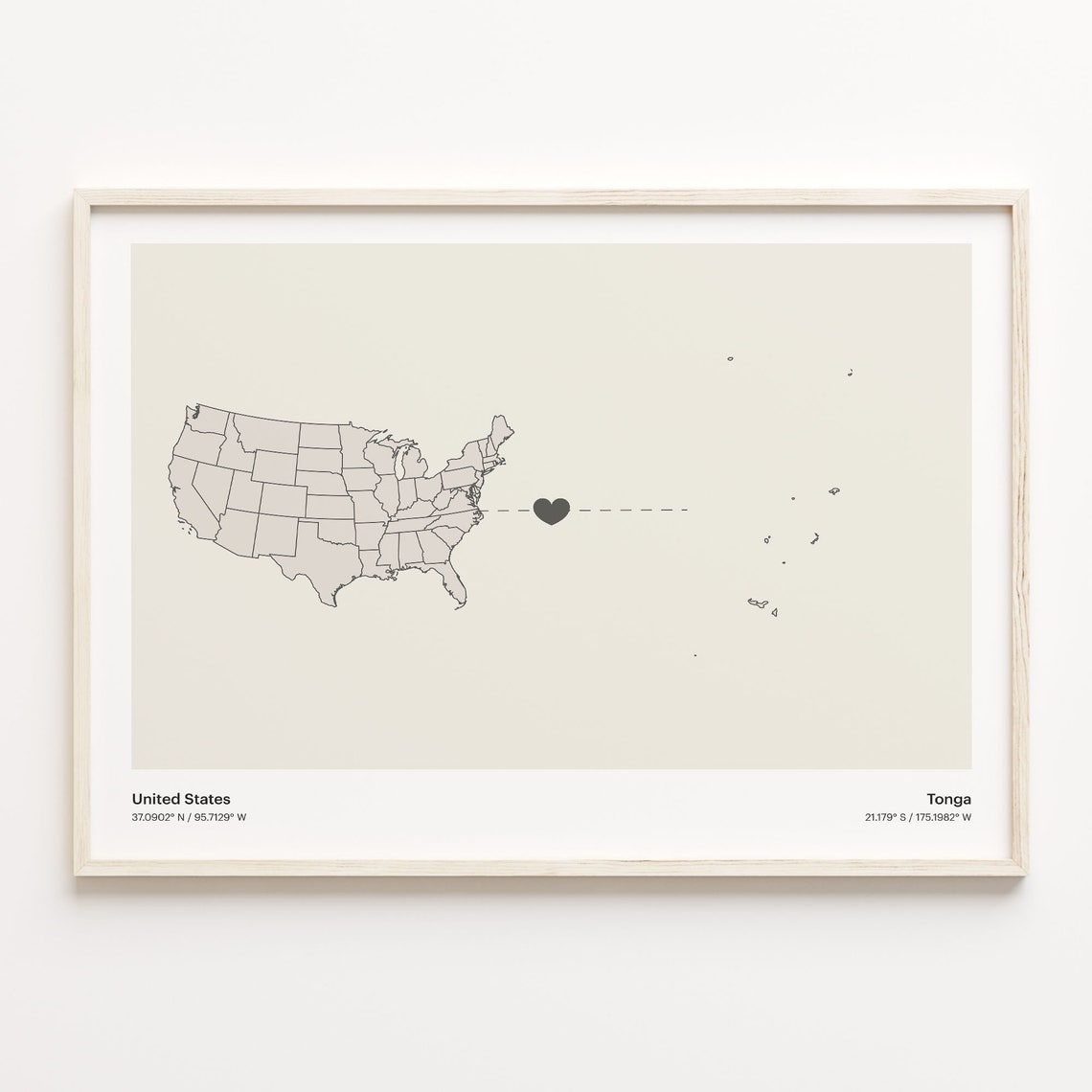 United States to Tonga Heart Connection Long Distance Map Poster