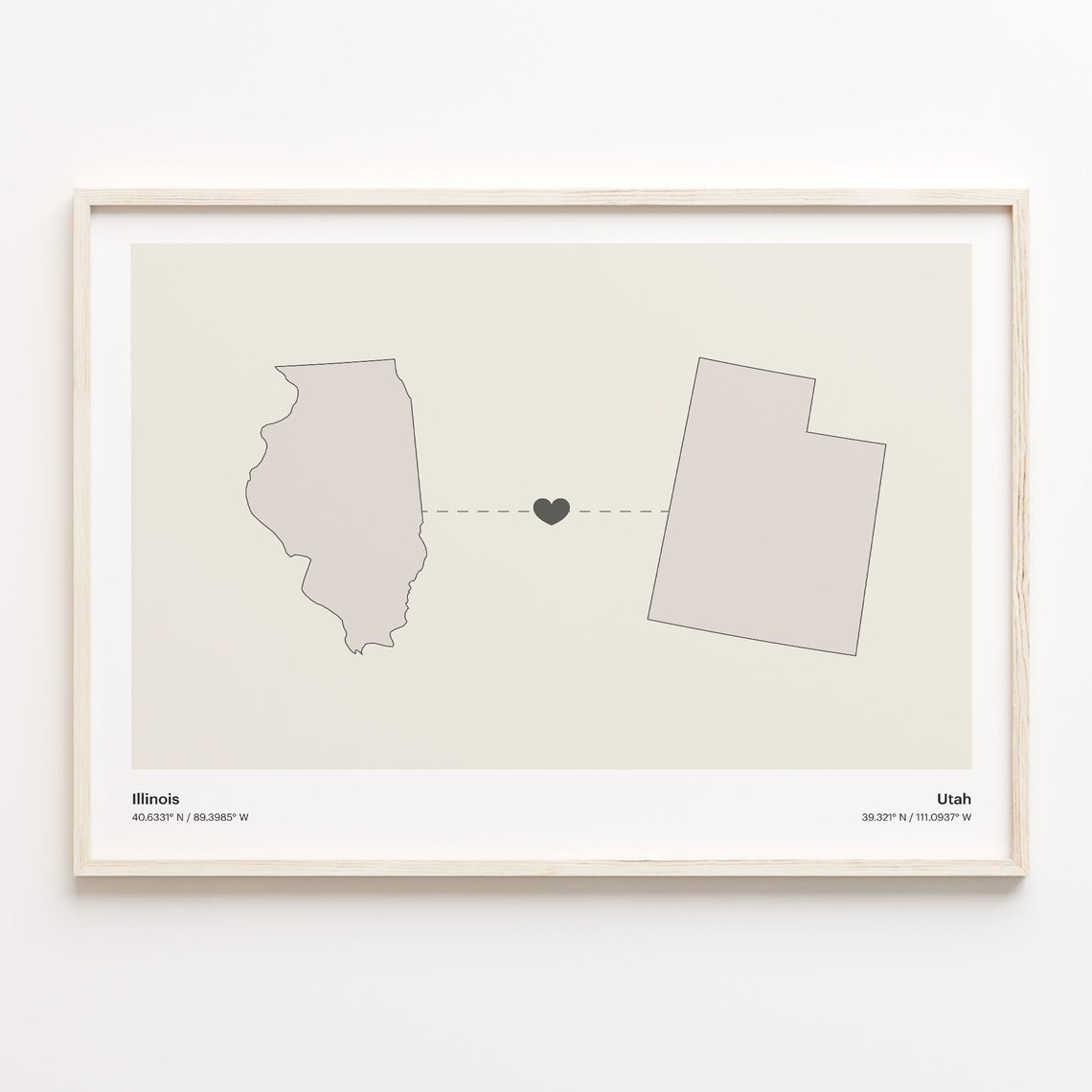 Illinois to Utah Heartfelt Long Distance Connection Map Poster