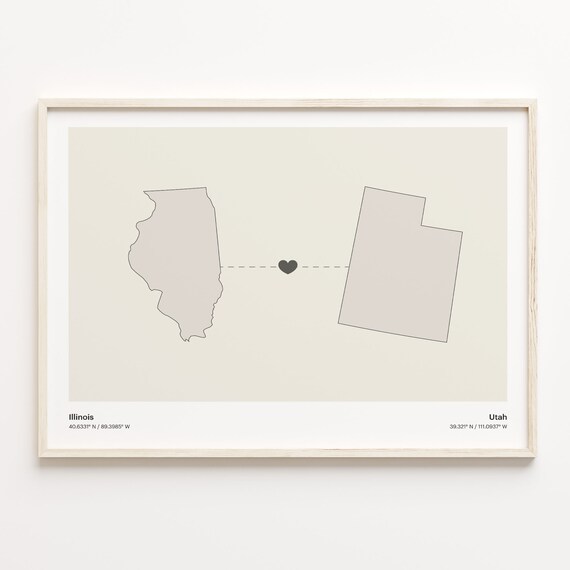 Illinois to Utah Heartfelt Long Distance Connection Map Poster