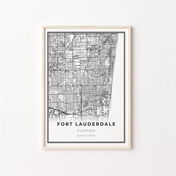 Fort Lauderdale City Map Art Poster, Modern Black and White