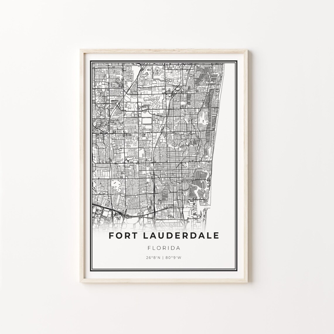 Fort Lauderdale City Map Art Poster, Modern Black and White