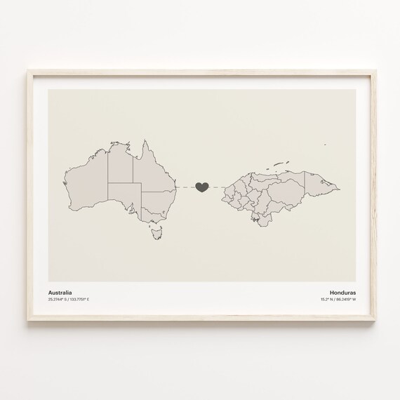 Australia to Honduras Minimalist Heart Connection Map Poster
