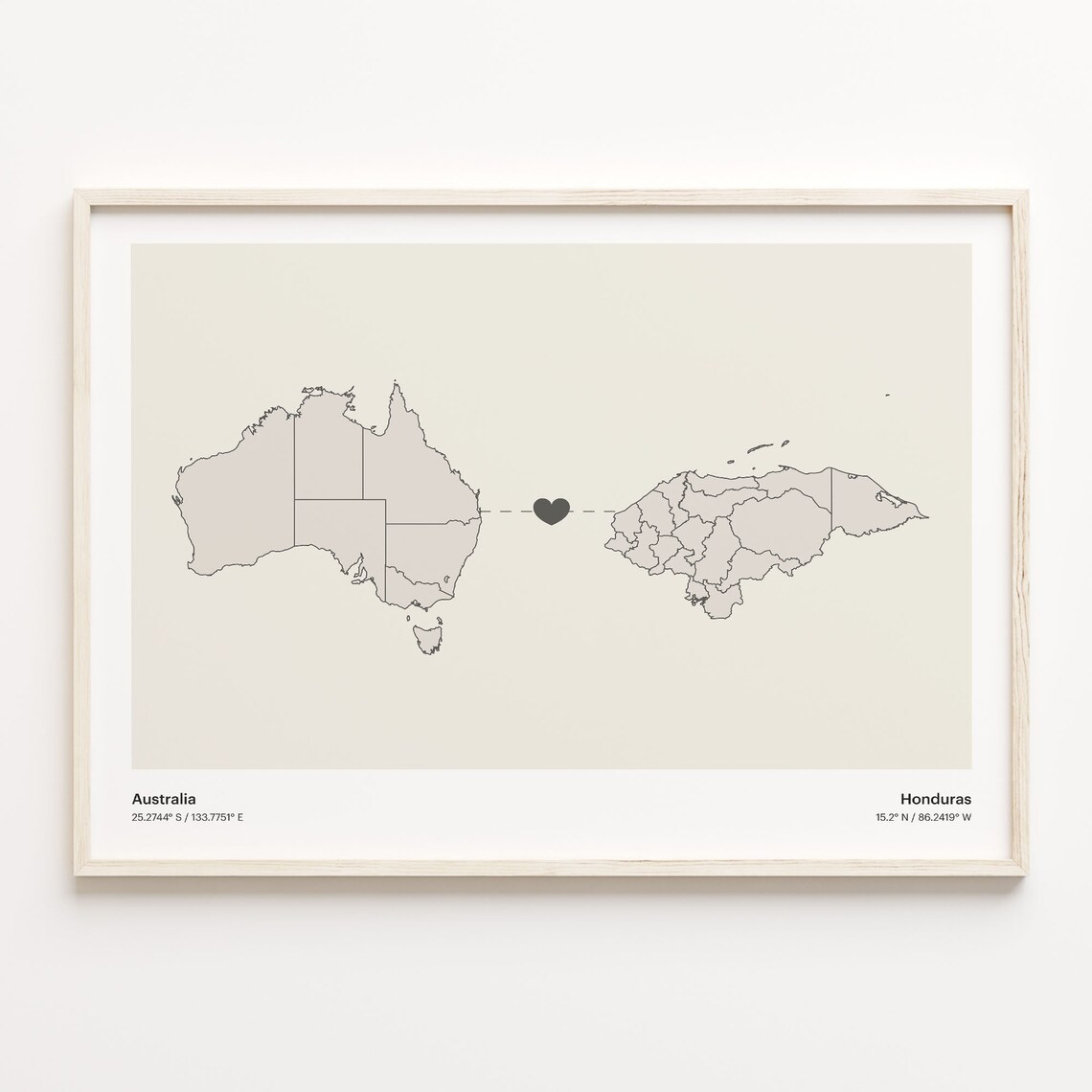 Australia to Honduras Minimalist Heart Connection Map Poster