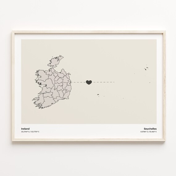 Ireland to Seychelles Minimalist Heart Connection Map Poster