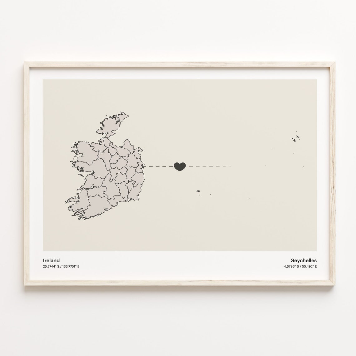 Ireland to Seychelles Minimalist Heart Connection Map Poster