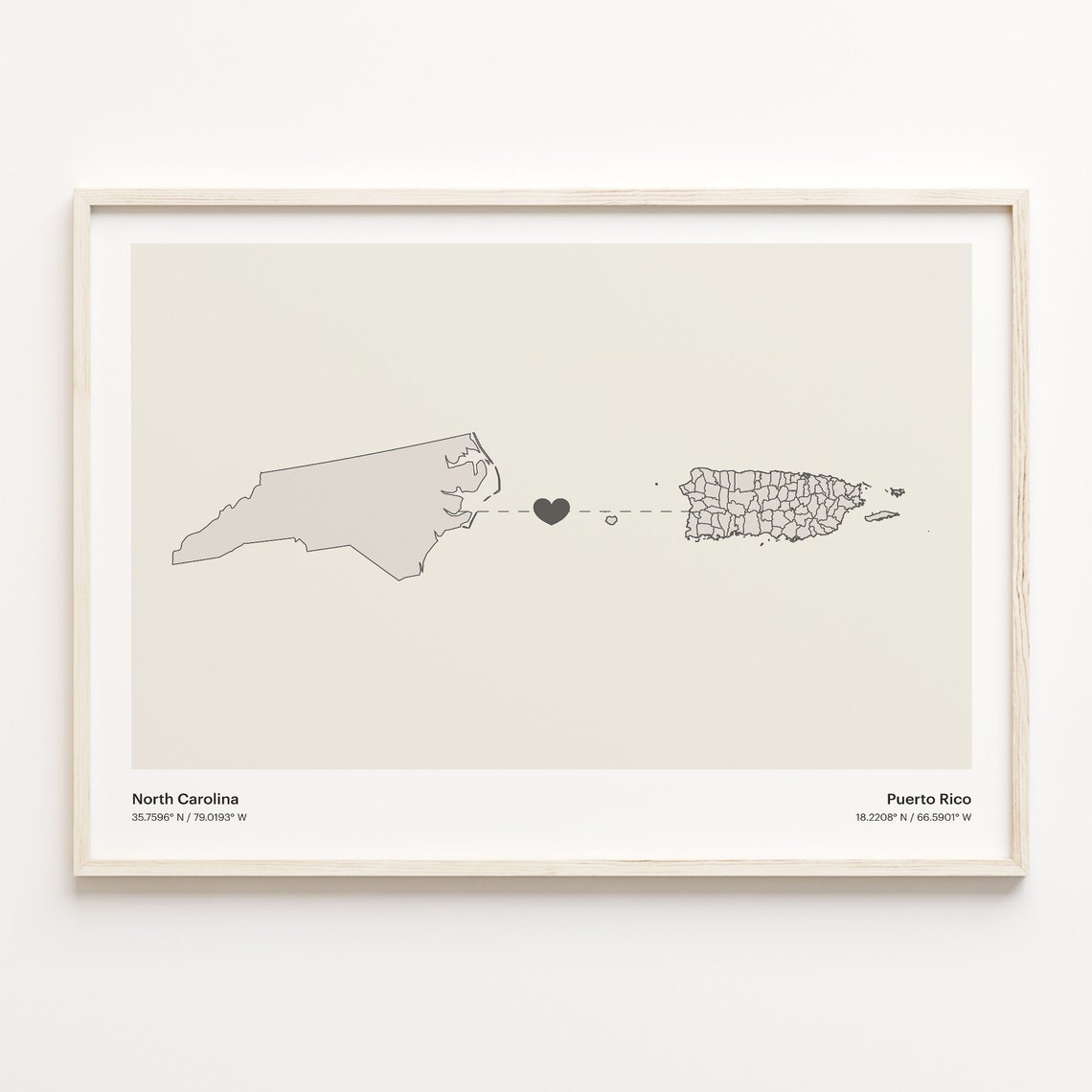 North Carolina To Puerto Rico Minimalist Heart Map Connection Print