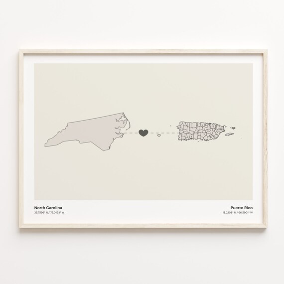 North Carolina To Puerto Rico Minimalist Heart Map Connection Print