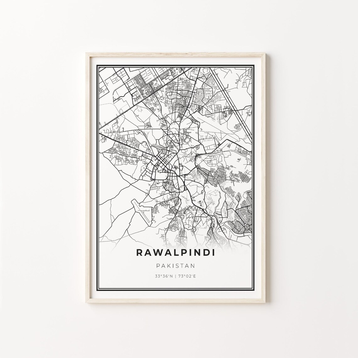 Rawalpindi City Map, Modern Black And White Art Print