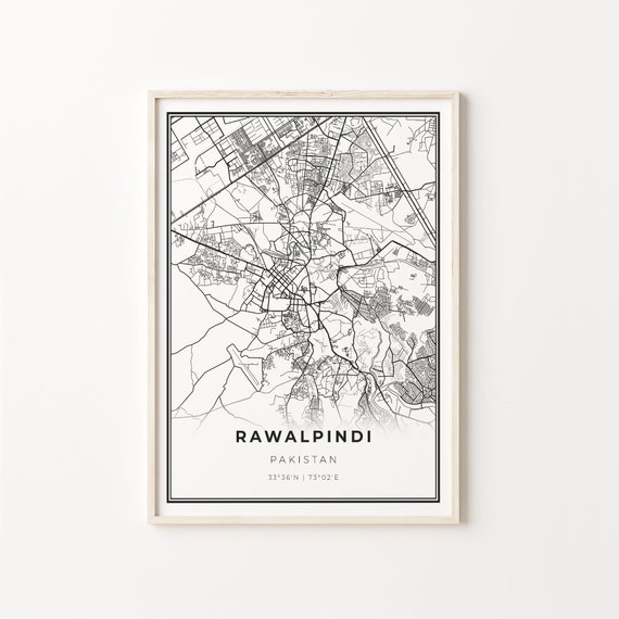 Rawalpindi City Map, Modern Black And White Art Print