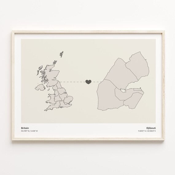 Britain to Djibouti Heart Connection Minimalist Country Map Poster