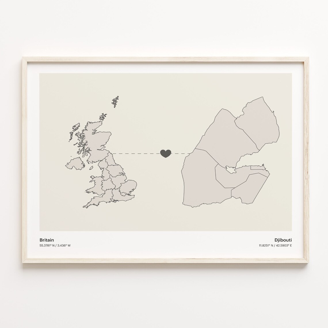 Britain to Djibouti Heart Connection Minimalist Country Map Poster