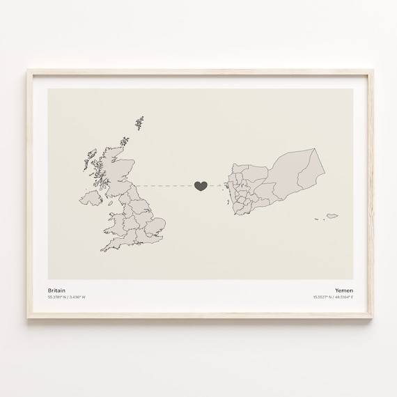 Britain To Yemen Minimalistic Heart Love Connection Map Poster