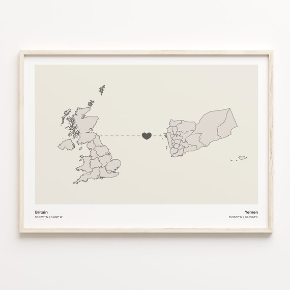 Britain To Yemen Print Yemeni Gift Minimalistic Country Connection Map Poster United Kingdom Art Adventure Awaits C21396