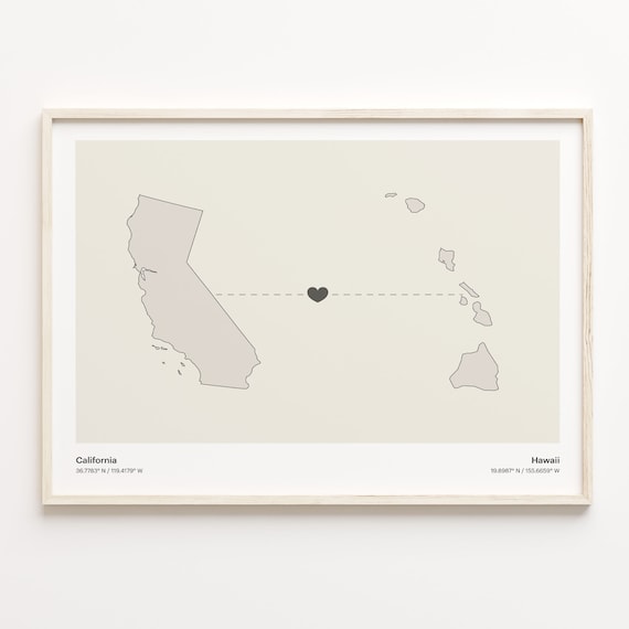 California Hawaii Minimalist Long Distance Love Heart Map Poster