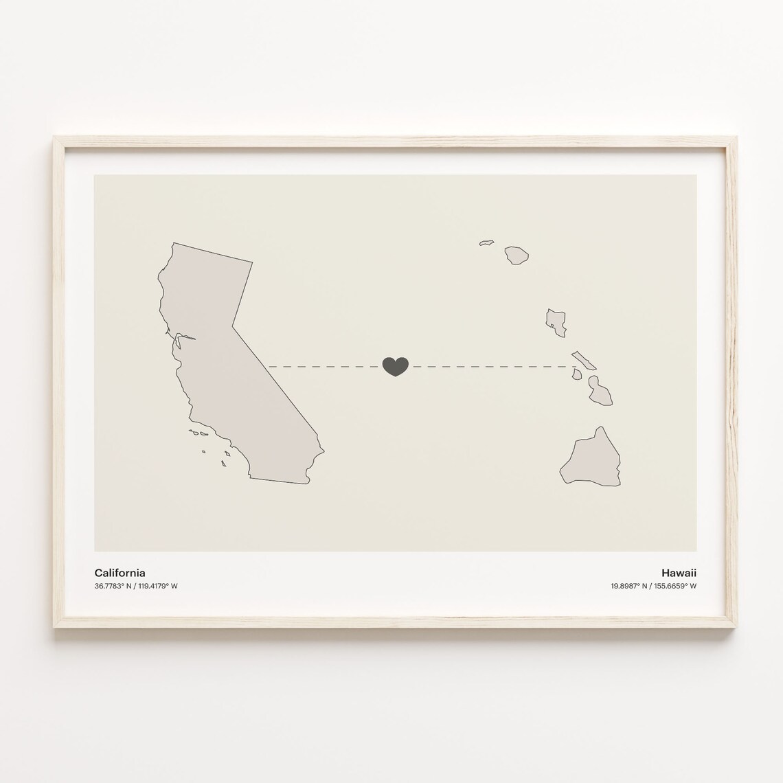 California Hawaii Minimalist Long Distance Love Heart Map Poster