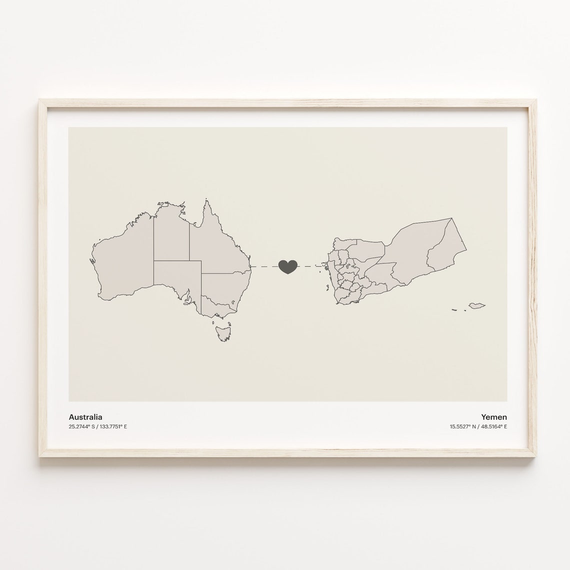 Australia To Yemen Minimalist Map Heart Connection Gift Poster