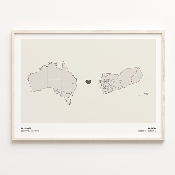 Australia To Yemen Minimalist Map Heart Connection Gift Poster