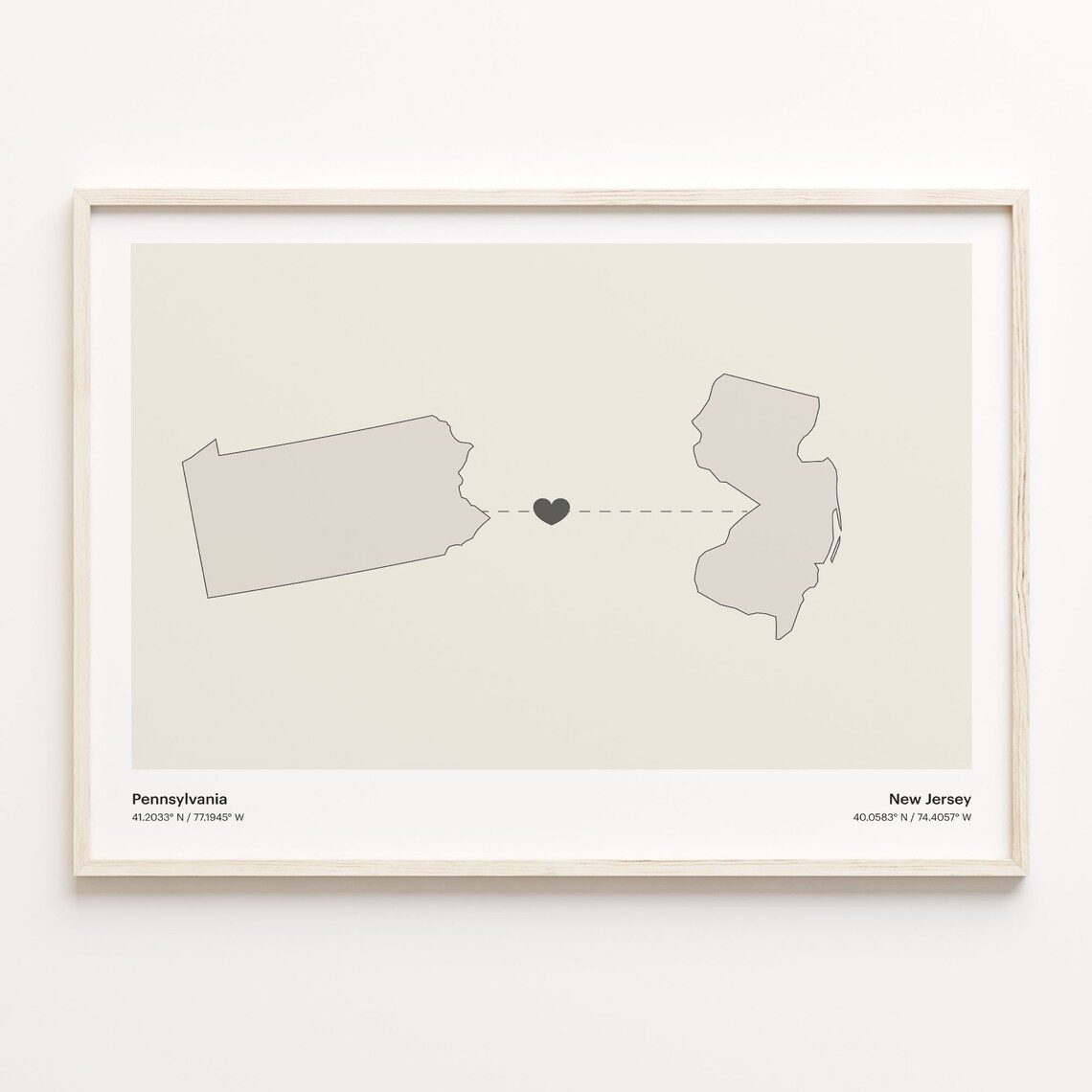 Pennsylvania New Jersey Long Distance Love Connection Heart Map Poster