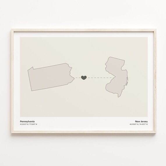 Pennsylvania New Jersey Long Distance Love Connection Heart Map Poster