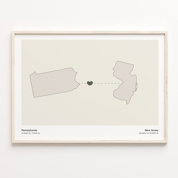 Pennsylvania To New Jersey Print Jerseyan Gift Minimalistic State Connection Map Poster Travel Wall Art Country C211434