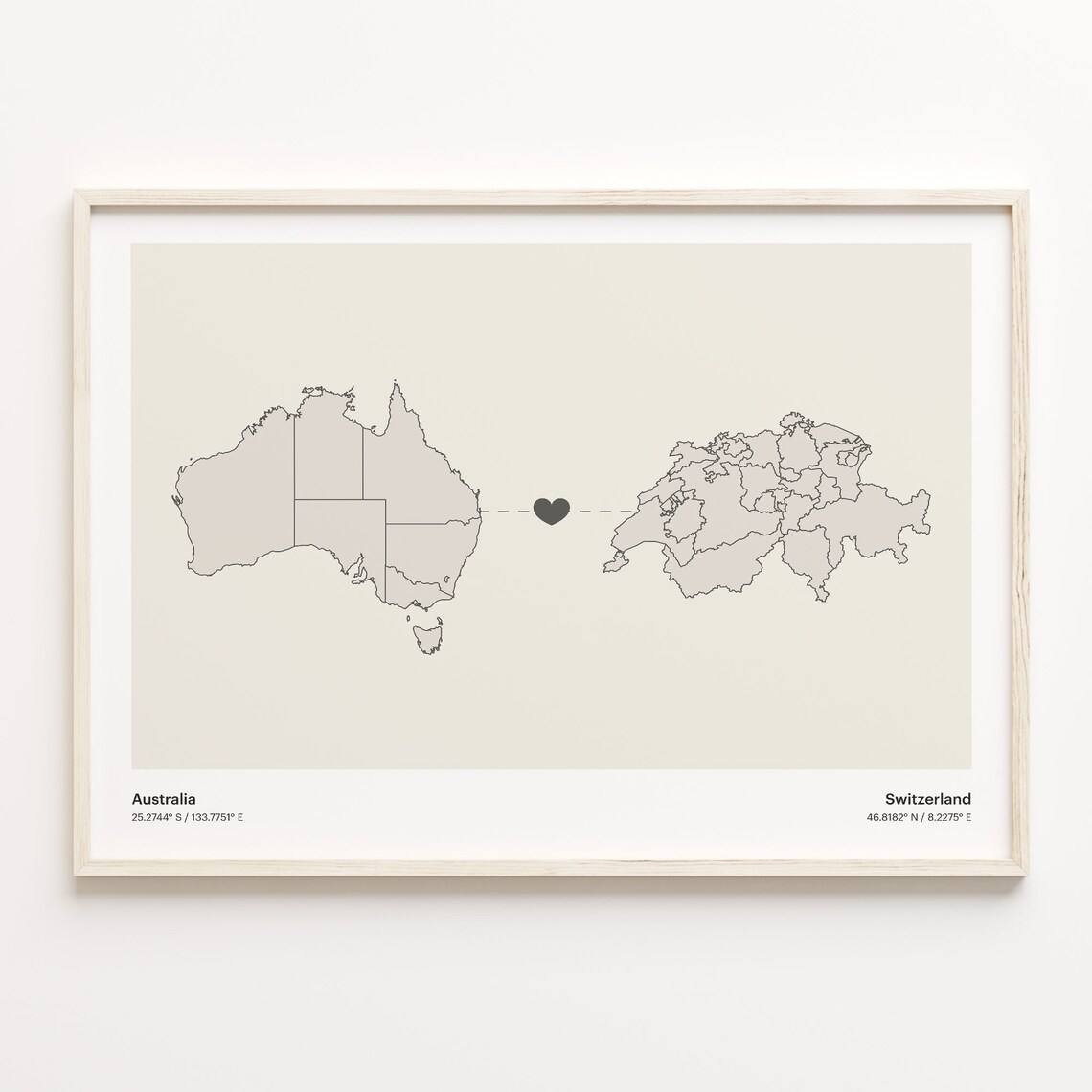 Australia and Switzerland Minimalist Long Distance Heart Map Connection Poster