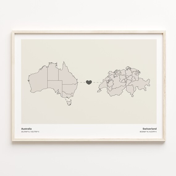 Australia and Switzerland Minimalist Long Distance Heart Map Connection Poster
