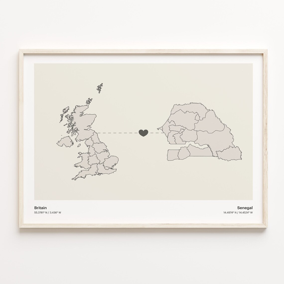 Britain to Senegal Minimalist Long Distance Heart Connection Map Poster
