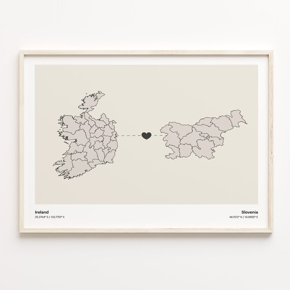 Ireland and Slovenia Long Distance Heart Connection Map Poster