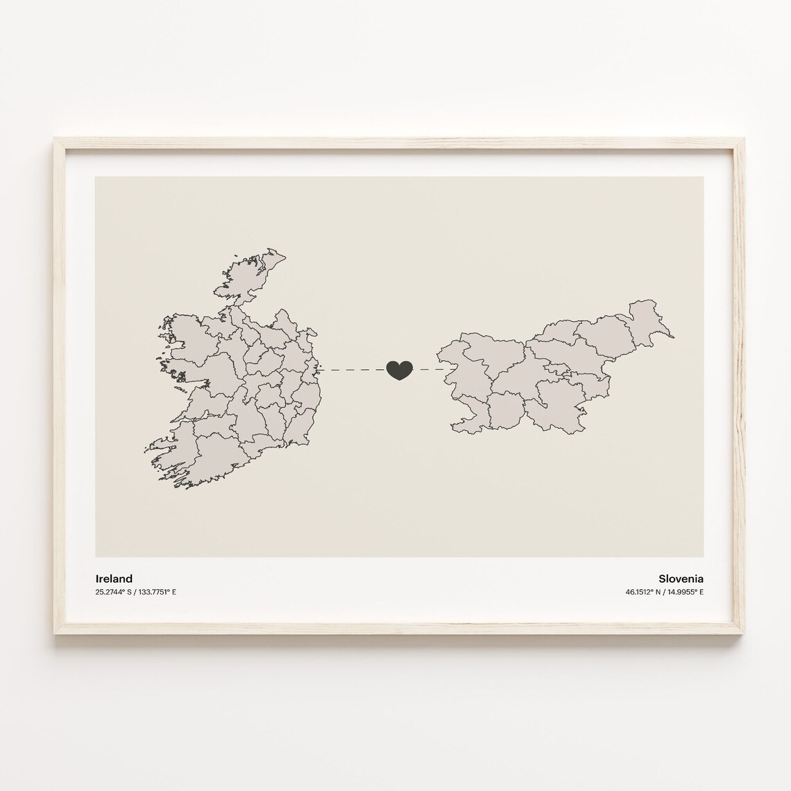 Ireland and Slovenia Long Distance Heart Connection Map Poster