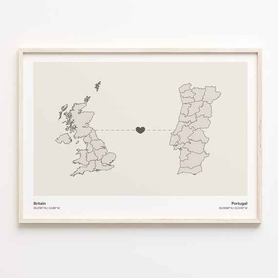 Britain to Portugal Minimalist Long Distance Heart Connection Map Poster