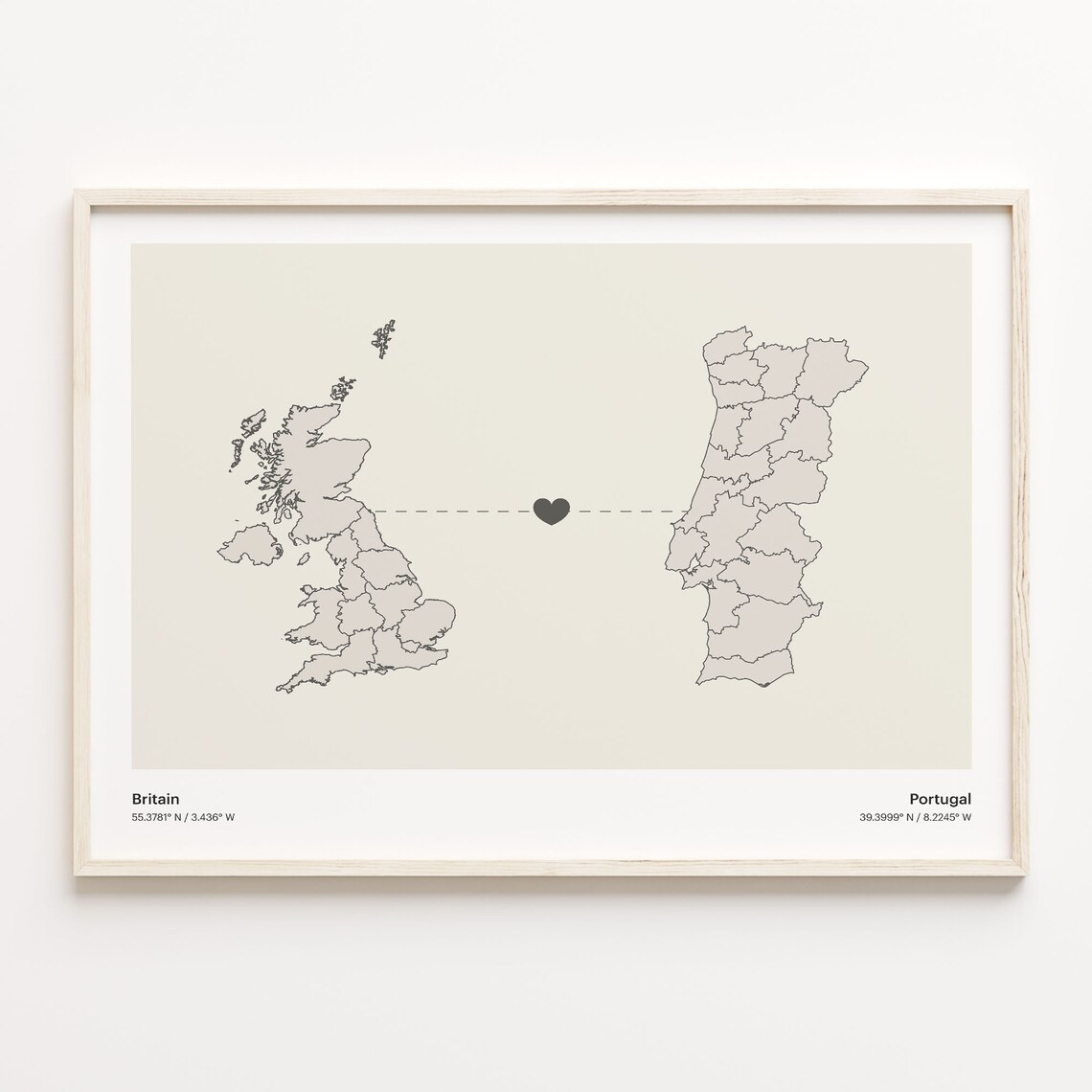 Britain to Portugal Minimalist Long Distance Heart Connection Map Poster