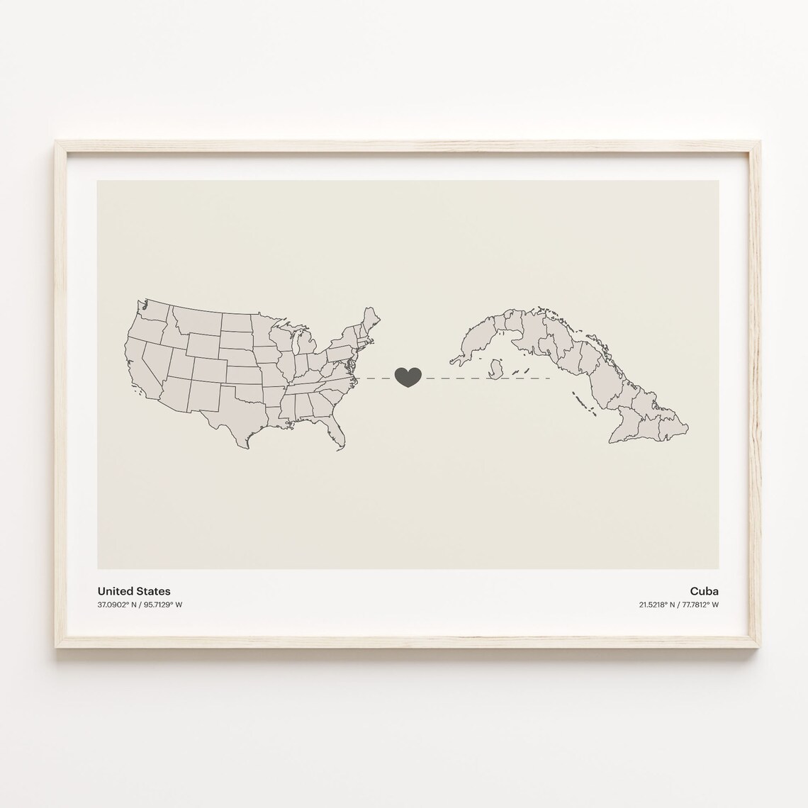 United States Cuba Long Distance Heart Minimalist Map Poster