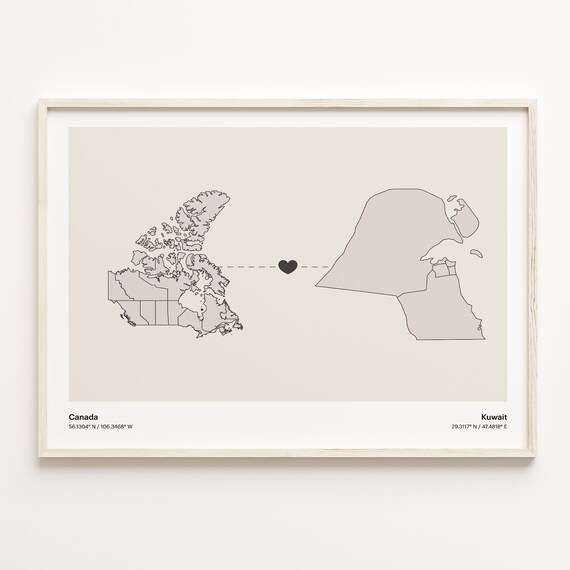 Canada Kuwait Country Connection Heart Map Minimalist Art Poster